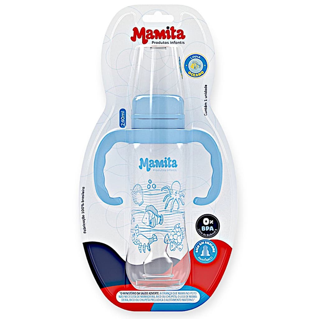 Mamadeira 240ml Bebê Menino Menina Bico Silicone 240 Ml C/ Mamadeira com Alça Blister Presente