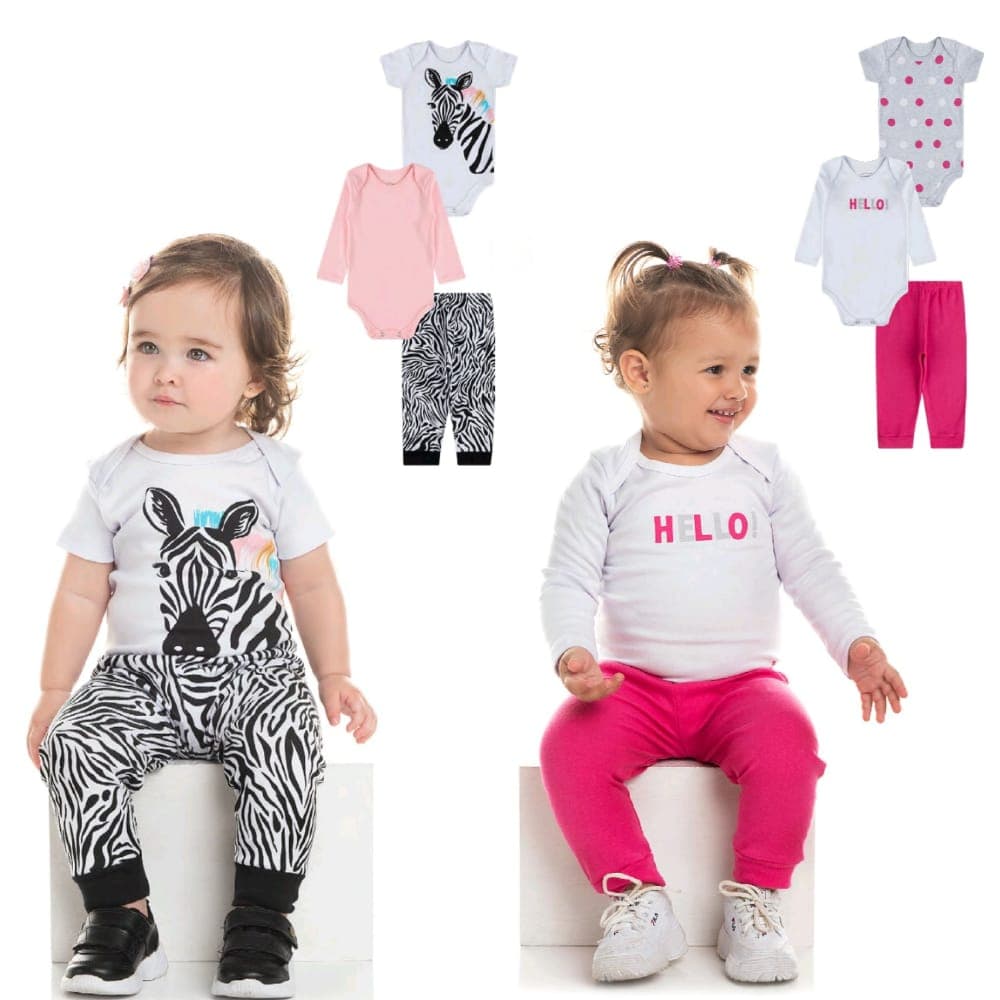 Kit Body Bebê Menina 6 Peças - Body Manga Longa Body Manga Curta e Mijão - Roupa para Bebê 100% Algodão - Enxoval Bebê Menina