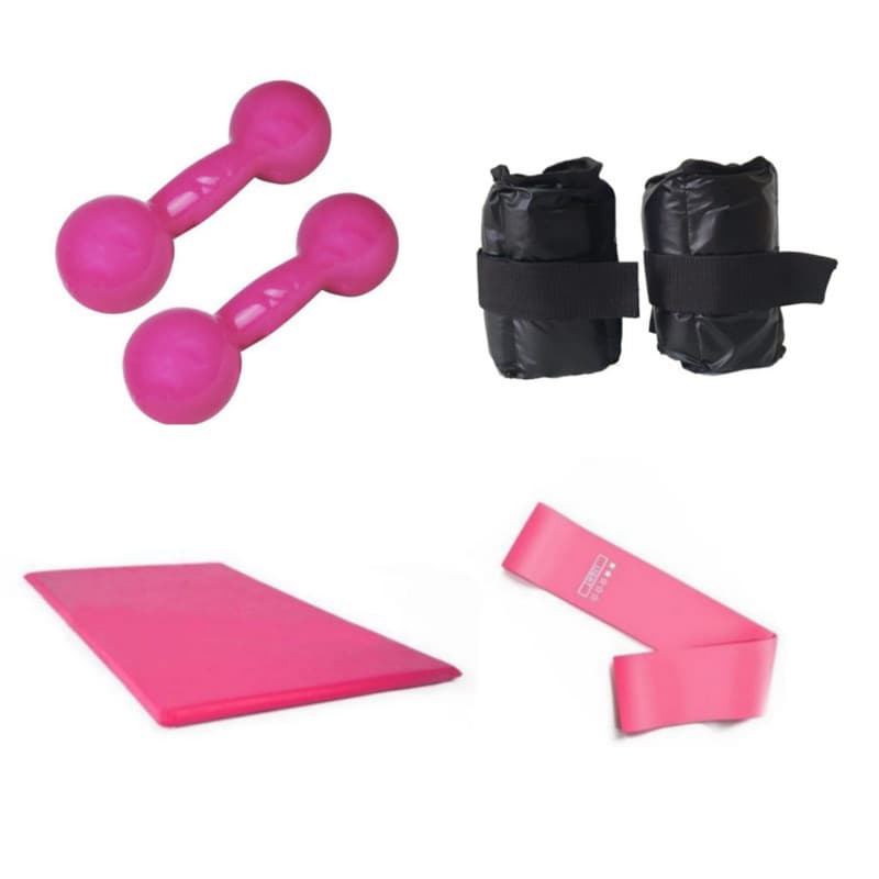 Kit Funcional Par Halter Rosa 3 Kg + Caneleira 3 Kg + Colchonete + Elástico Treino