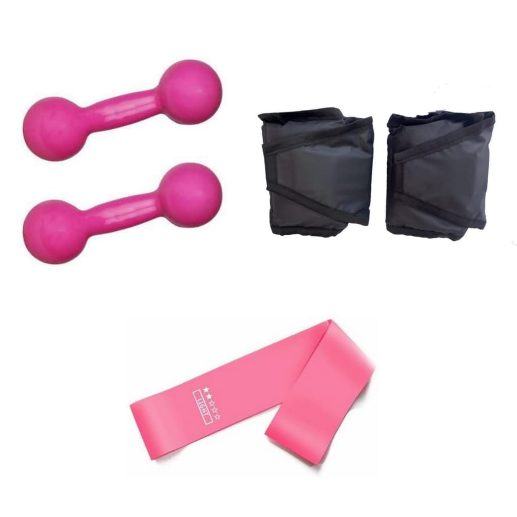Kit Treino Funcional Par Halter 2 Kg Rosa + Caneleira 2 Kg + Elástico Treino