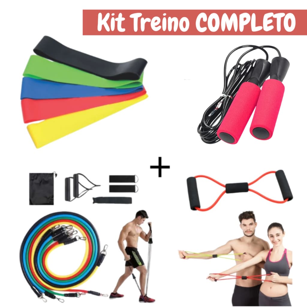 Kit com 4 Acessórios Fitness Elástico Power Tube Elástico Extensor Treino Pilates Fitness Academia Funcional CrossFit