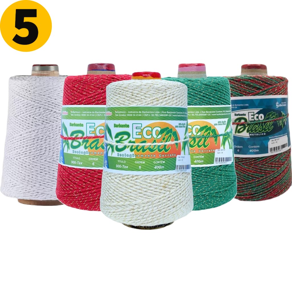 Kit 5 Cones Barbante Brilhante Eco Brasil Brilho Metálico 400g Fio 6 900 TEX Soberano Crochê Tricô