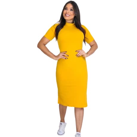 Vestido Feminino Midi Evangélico Básico Com Duas Fenda Lateral Casual Gola Alta Malha Canelado Festa Roupas e Vestidos Feminina