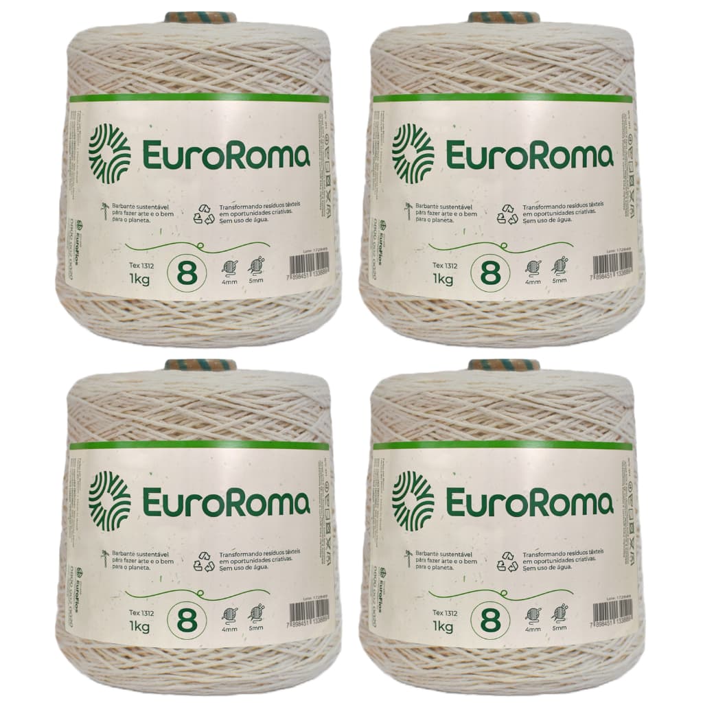 Kit 4 Cones Barbante Euroroma Cru 1kg Ordem n° 8 com 1312 TEX para Crochê, Frigorífico, Tricô e Artesanato