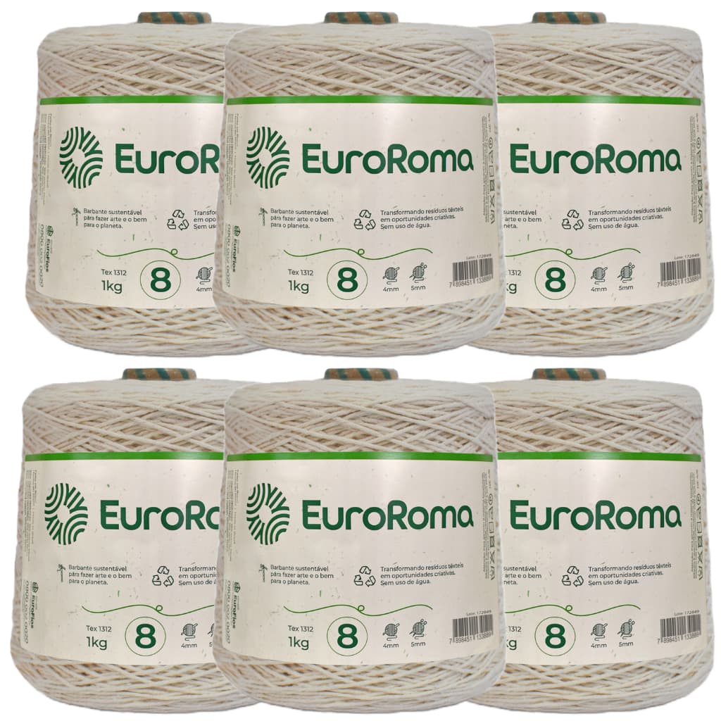 Kit 6 Barbantes Euroroma Cru 1kg Ordem n° 8 Cada Cone com 700 metros e 1312 TEX para Crochê, Macramê, Amigurumi e Artesanato