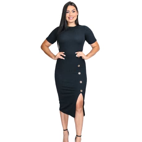 Vestido Feminino Midi Evangélico Básico Com Botão e Fenda Lateral Casual Gola Alta Malha Canelado Festa Roupas e Vestidos Feminina Tamanho P, M, G e GG
