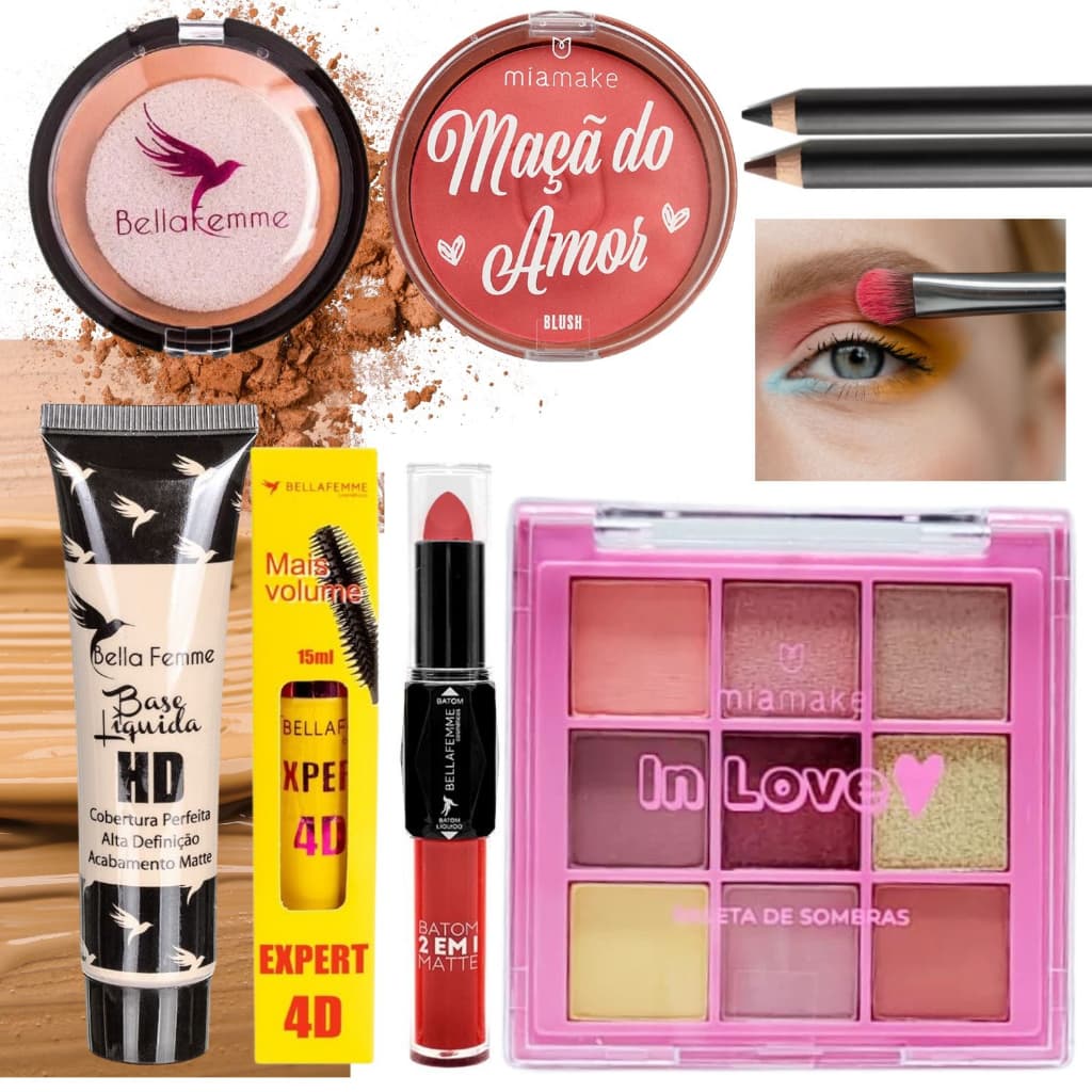 Kit De Maquiagem Pó Compacto Blush Base Batom Liquido