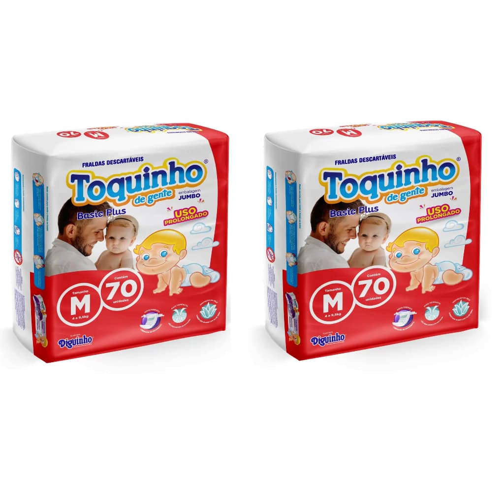 Fraldas Descartáveis na Promoção Kit com 2 Pacotes Toquinho de Gente Basic Plus Tam M - 140 Unidades