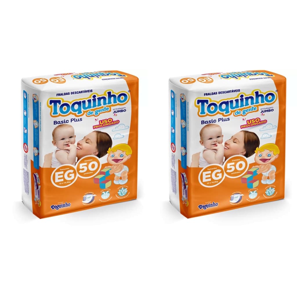 Fraldas Descartáveis Promoção Kit com 2 Pacotes Toquinho de Gente Basic Plus Tam. EG - 100 Unidades