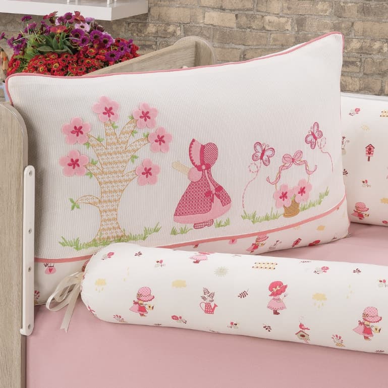 KIT ENXOVAL PARA BERÇO BEBÊ CAMPONESA ROSÊ MENINA LUXO + SAIA BEGE