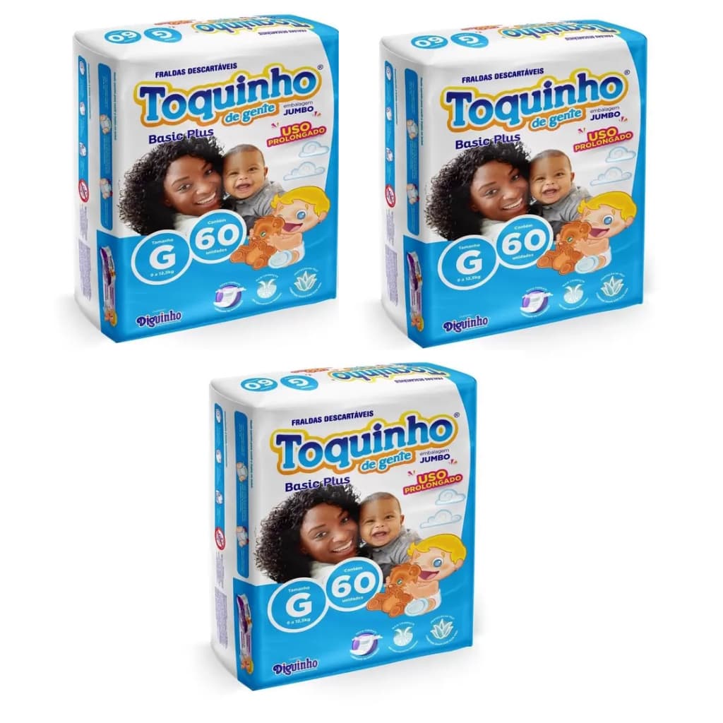 Fraldas Descartáveis na Promoção Kit com 3 Pacotes Toquinho de Gente Basic Plus Tam G - 180 Unidades