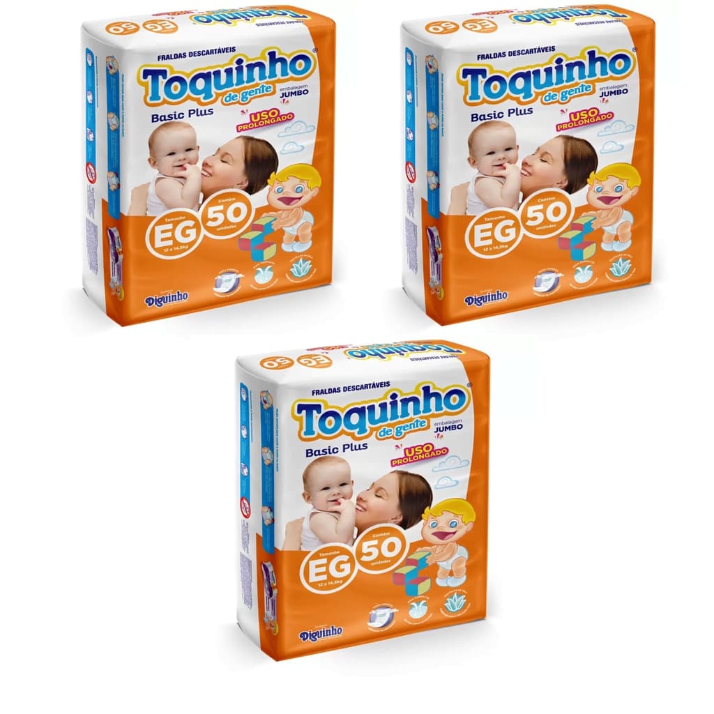 Fraldas Descartáveis Promoção Kit com 3 Pacotes Toquinho de Gente Basic Plus Tam. EG - 150 Unidades