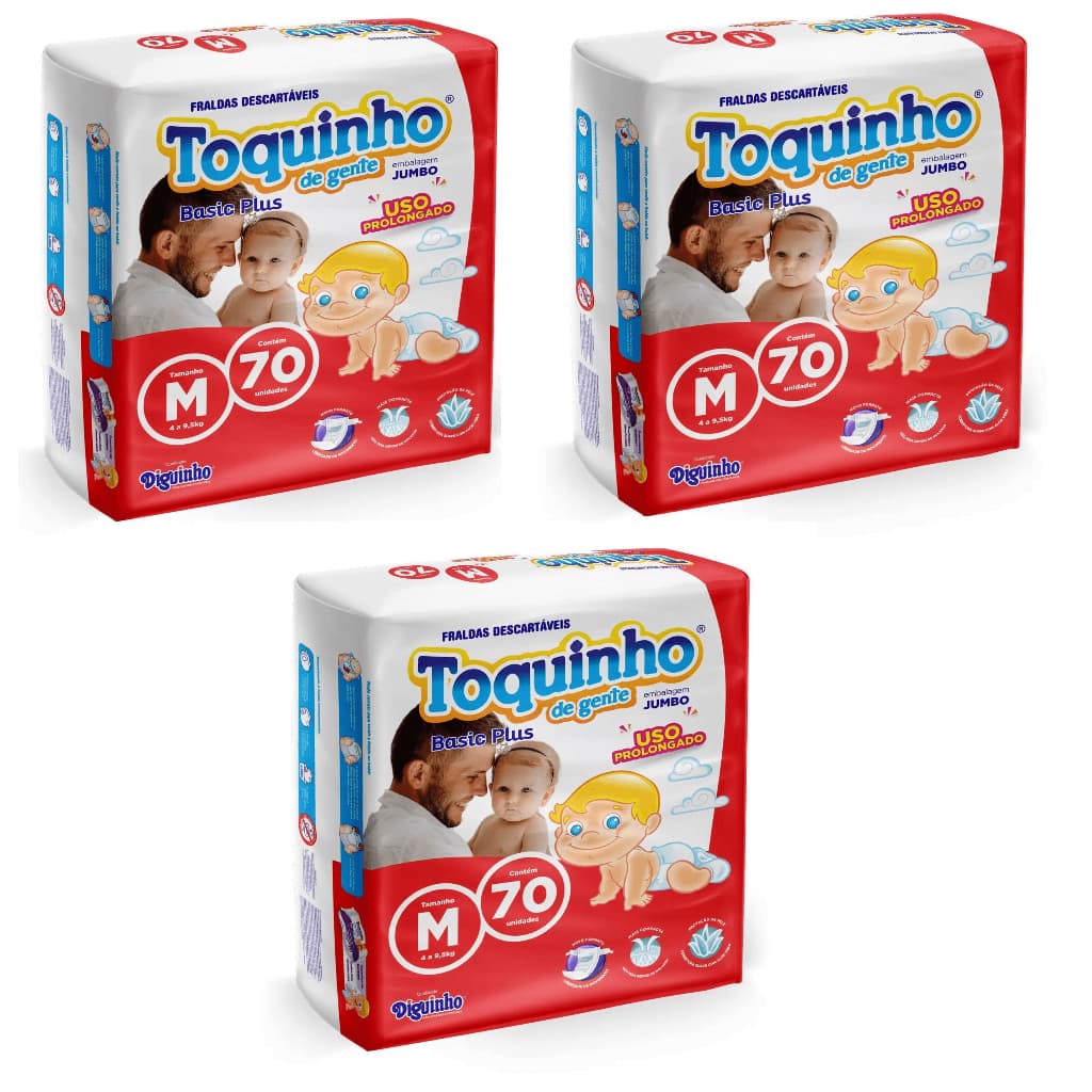 Fraldas Descartáveis Kit com 3 Pacotes Toquinho De Gente Basic Plus Tam M - 210 Unidades