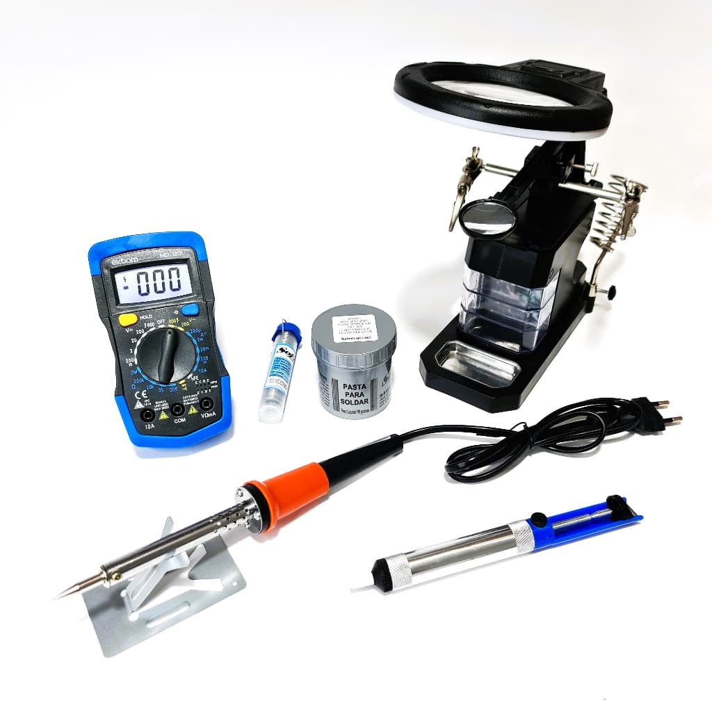 kit Ferro de Solda 40w 110v Multimetro Digital Lupa 3 Gavetas estanho pasta sugador