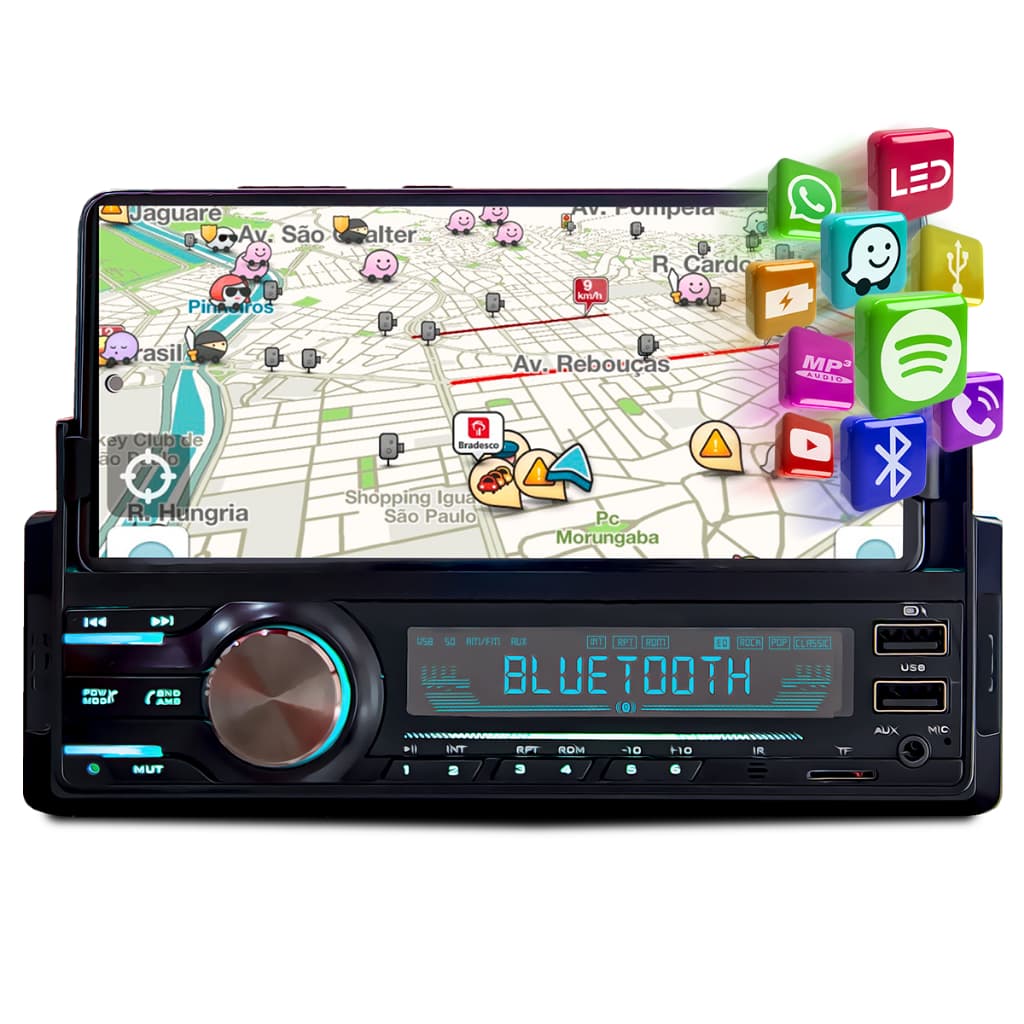Som Automotivo MP3 Player USB Bluetooth RCA SD Receiver Suporte de Celular Carregador veicular celular