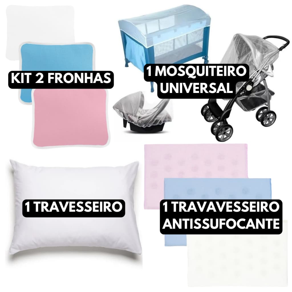 Kit Quarto Enxoval para Bebê 05 Peças - 2 Travesseiro 2 Fronhas Lisas 1 Mosquiteiro Kit Completinho Quarto e Berço