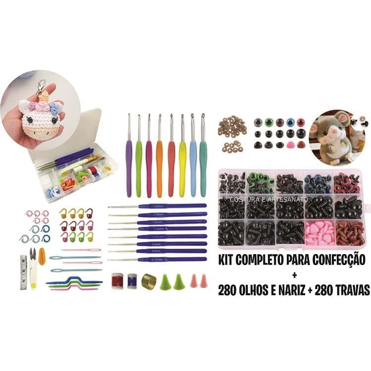 Kit Agulhas e Acessórios Olhos e Focinhos Crochê Bonecas Amigurumi