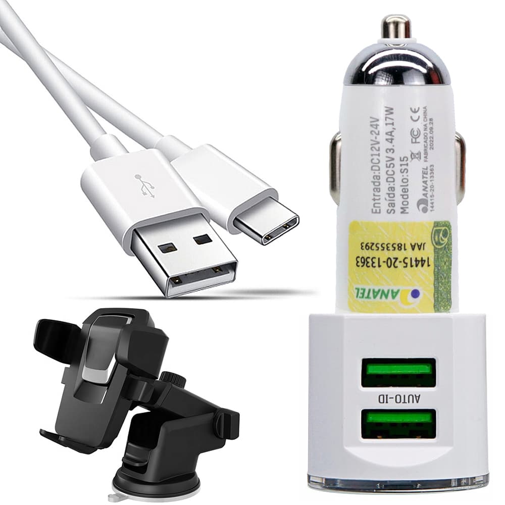 Carregador Celular Turbo Veicular Carro 2 Usb Com Cabo USB Incluso Basta Selecionar No Ato Da Compra Compatível iPhone Android Com Suporte Veicular Painel Ventosa