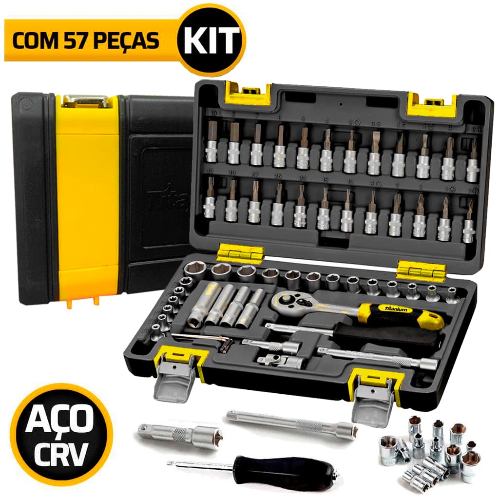 Kit Jogo Catraca Reversivel Soquetes 57 Peças Cromo Vanádio Chave Allen Maleta Profissional