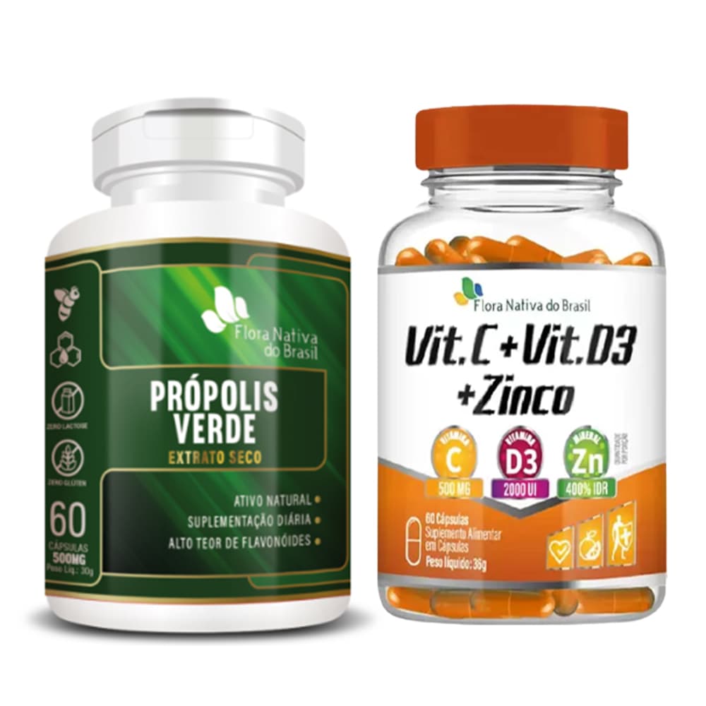 Vitamina C + Vitamina D3 + Zinco 60 Caps + Própolis Verde 60 Caps