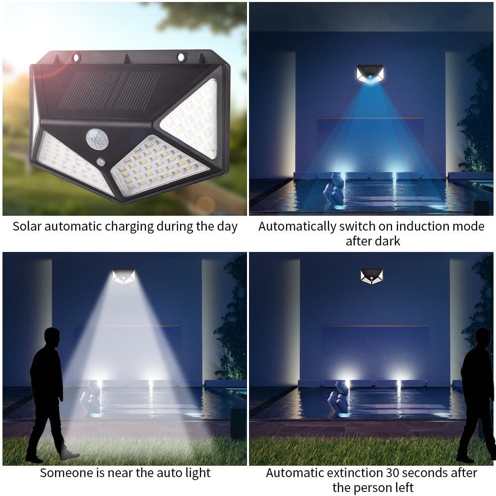KIT 4 Luminária Solar 100 Led Com Sensor Jardim Prova D'Água Led Solar
