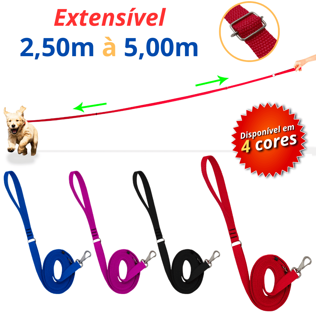 Guia longa para cães coleira adestramento regulagem de tamanho 2,50m à 5,00m passeio