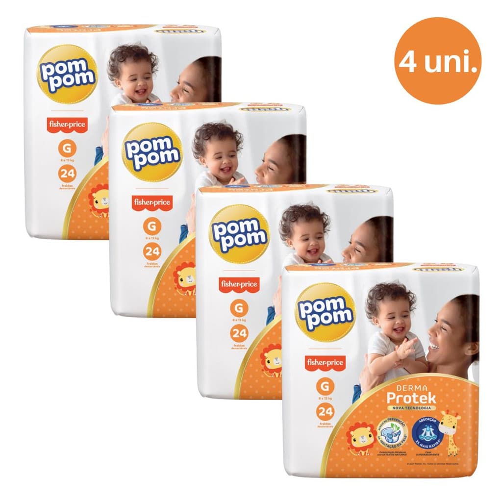 Kit 4 Pacotes Fralda Descartável Infantil Pom Pom Amor de Mãe Revenda Barato