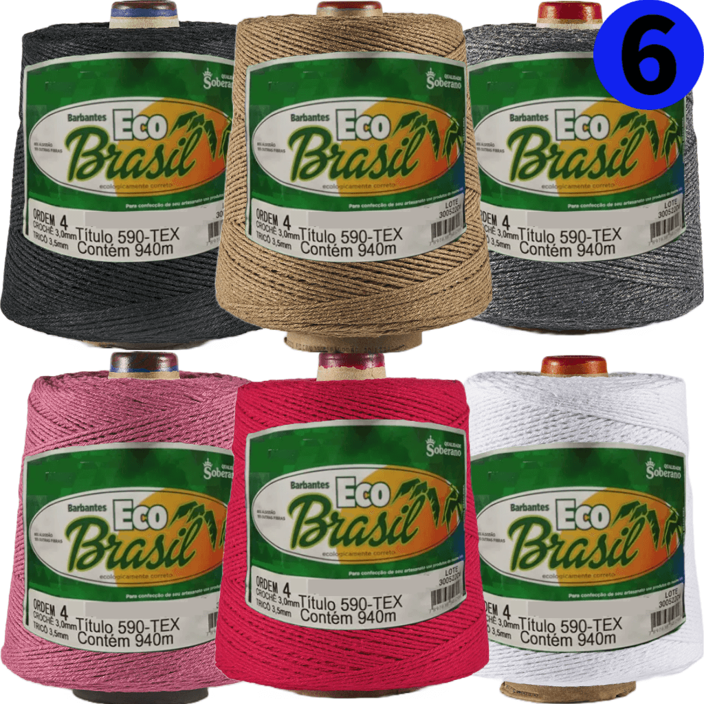 Kit 6 Barbantes Eco Brasil Colorido e Cru Fio n° 4 de 940 Metros e 590 TEX Soberano para Crochê, Tricô, Tear e Tapeçaria