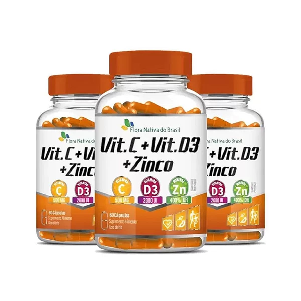 3x Vitamina C + Vitamina D3 + Zinco 60 Capsulas Flora Nativa