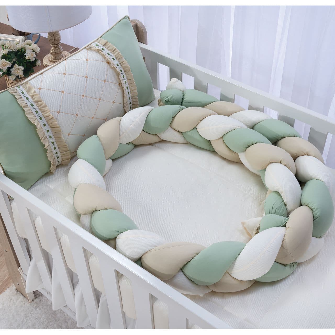 KIT ENXOVAL PARA BERÇO BEBÊ MODELO DE TRANÇA MOSAICO VERDE/BEGE NEUTRO MENINO LUXO