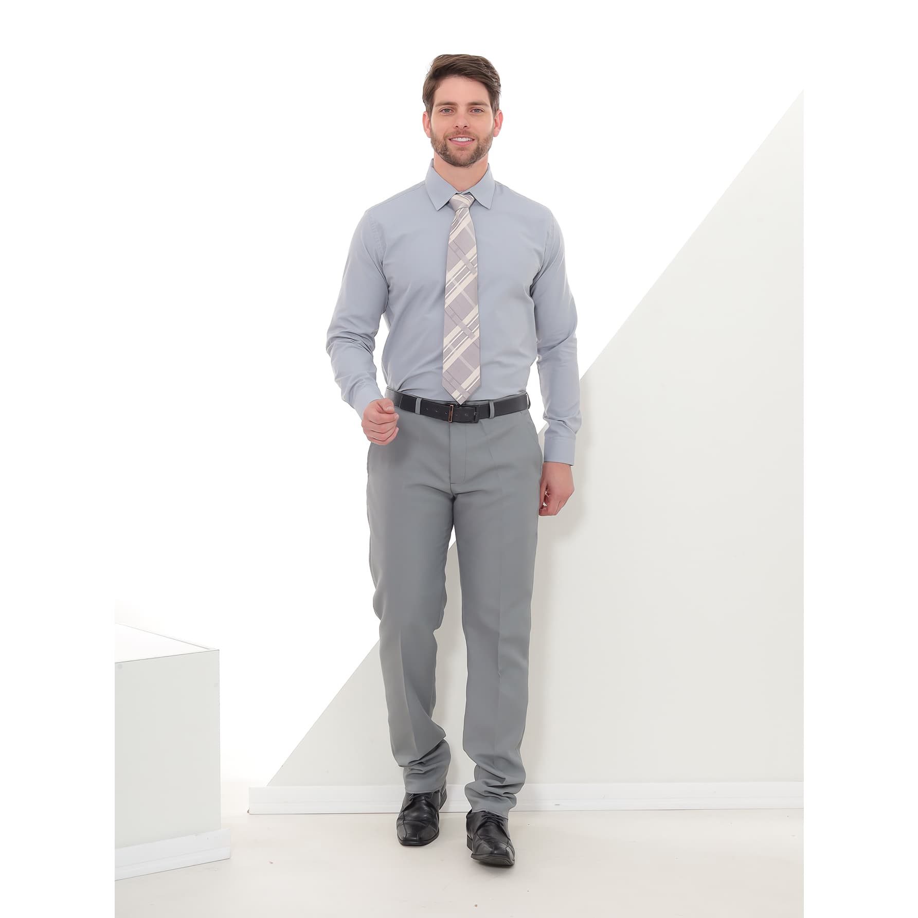 KIT Masculino 2 Peças - Camisa Social Manga Longa Slim Cinza e Calça Social Cinza Claro
