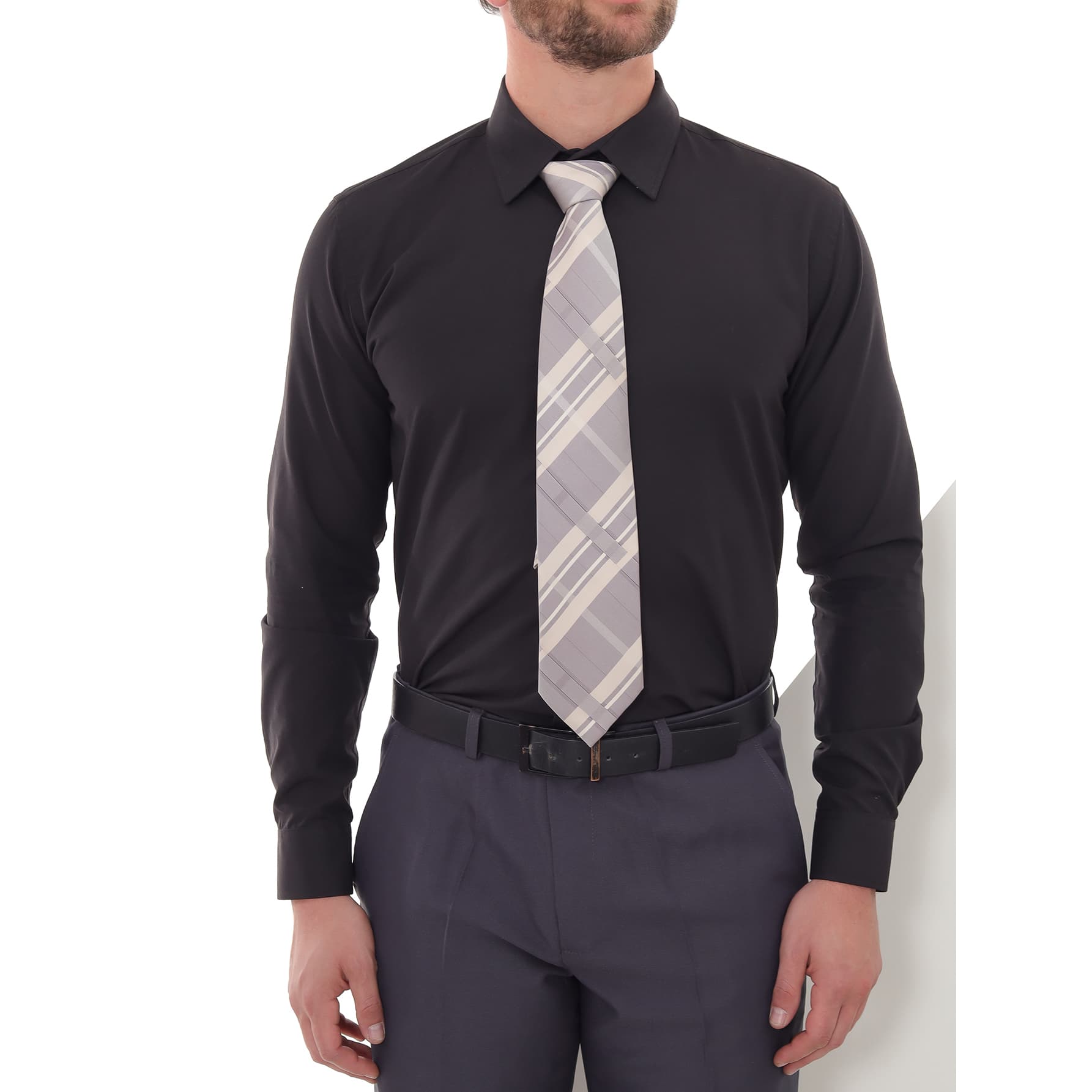 KIT Masculino 2 Peças - Camisa Social Manga Longa Slim Preto e Calça Social Cinza Escuro