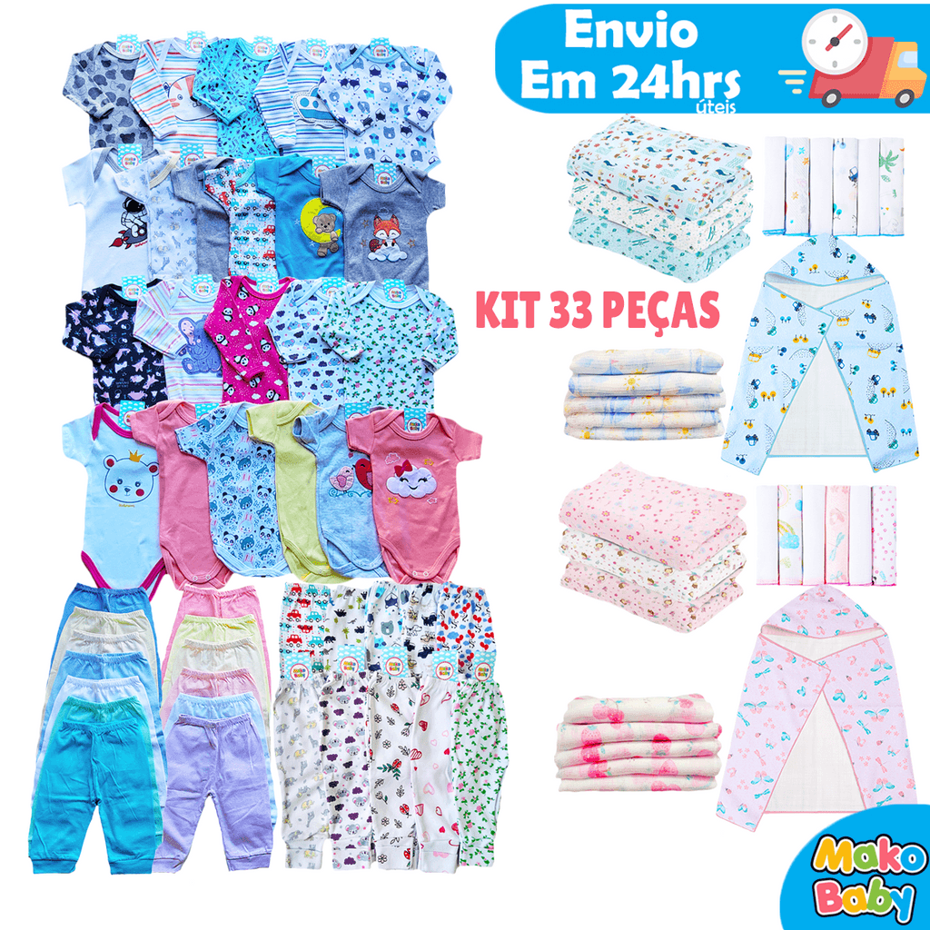 Kit 33 peças Enxoval Bebê Kit Maternidade Roupa Bebê Recem Nascido Menino e Menina 100% Algodão