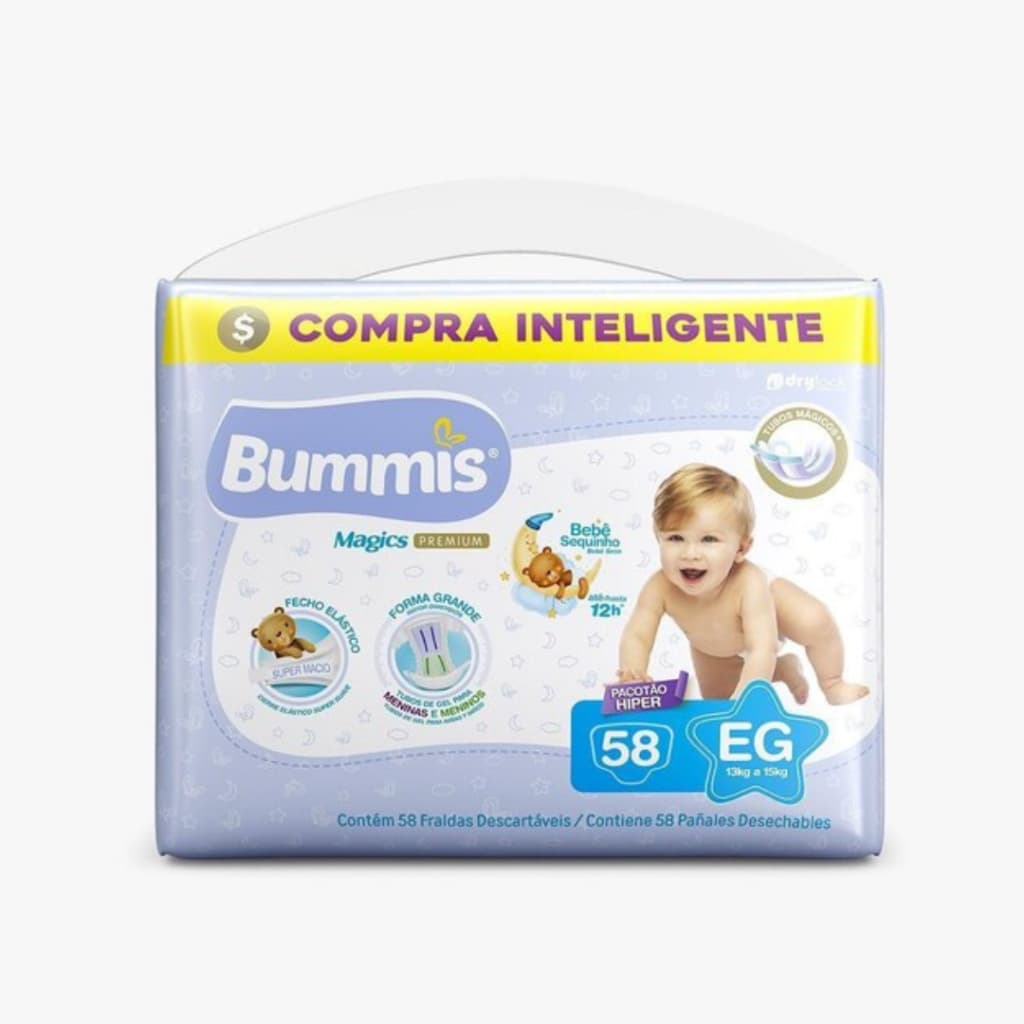 Fralda Descartável Bummis Premium Hiper Pacotão XG 58 Unidades Tecnologia Tubos Mágicos 12h Proteção