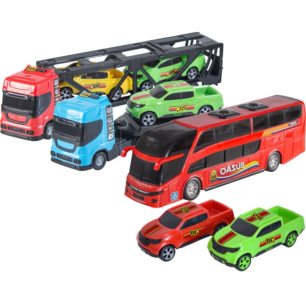 Kit 1 Caminhao Cegonheira Com 2 Carrinhos + 1 Onibus + 1 Caminhão Cegonha Com 1 Carrinho