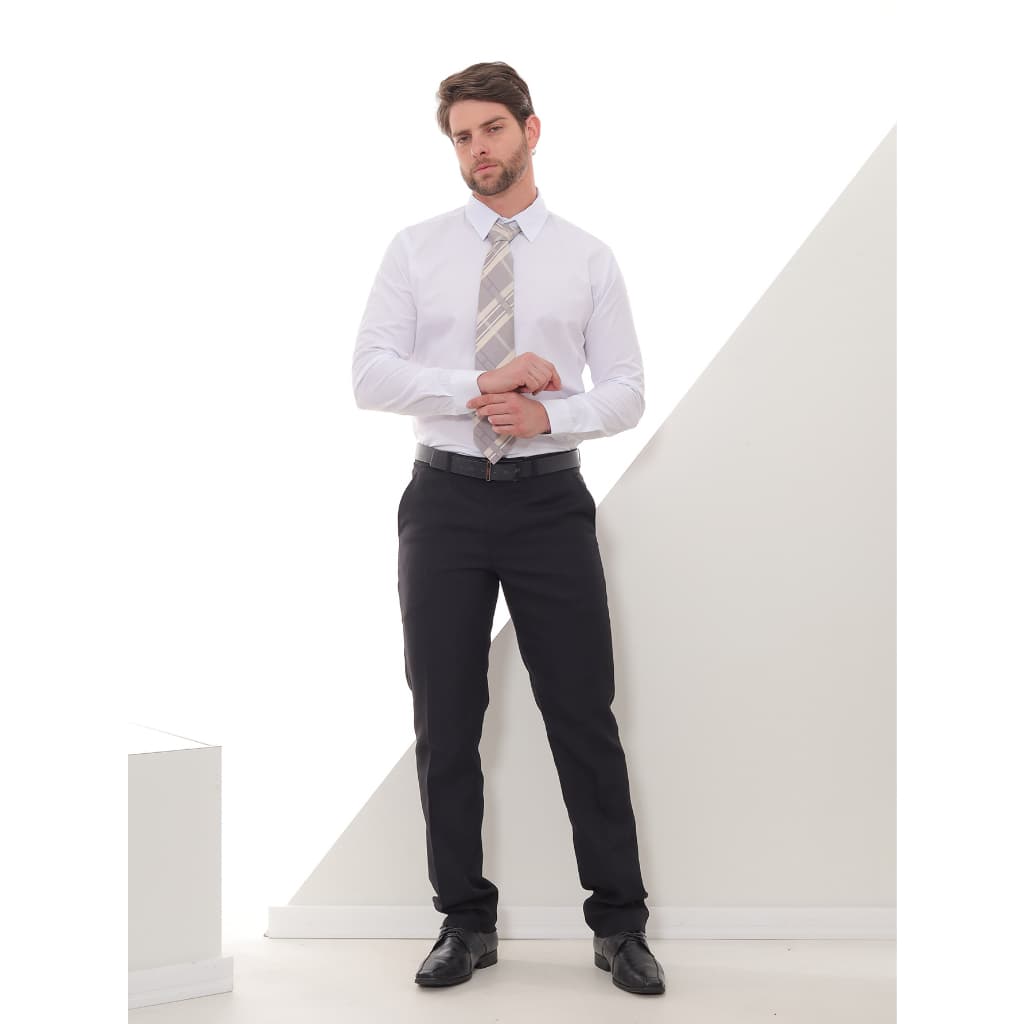 KIT Masculino 2 Peças - Camisa Social Manga Longa Slim Branca e Calça Social Preta