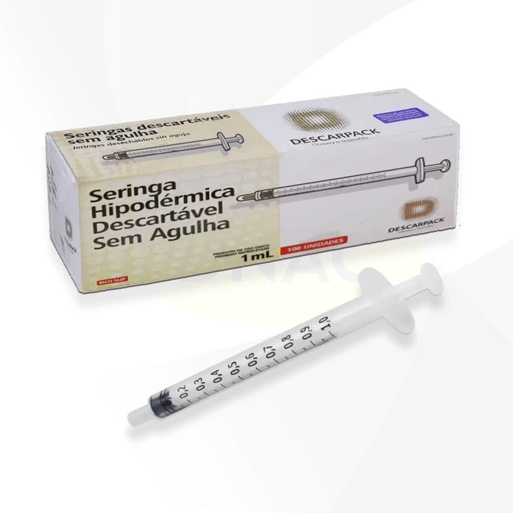 Caixa De Seringas 1ml Sem Agulha Bico Luer Slip Descartável Com 100 Unidades - Descarpack