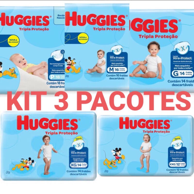 Kit 3 pacotes fralda Huggies tripla proteção Fraldas descartável + 1 LENÇO UMENDECIDO +1 sabonete