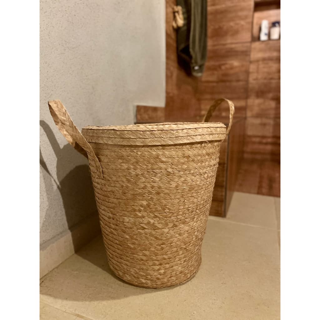 cesto de palha conico com alça e tampa (+-40cm) - decoração rustica cestaria cesta Organizador banheiro roupa cachepo