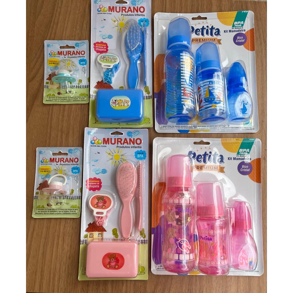 Kit c/ 3 Mamadeiras Petita + Chupeta Pituca + Kit Higiene 4 peças
