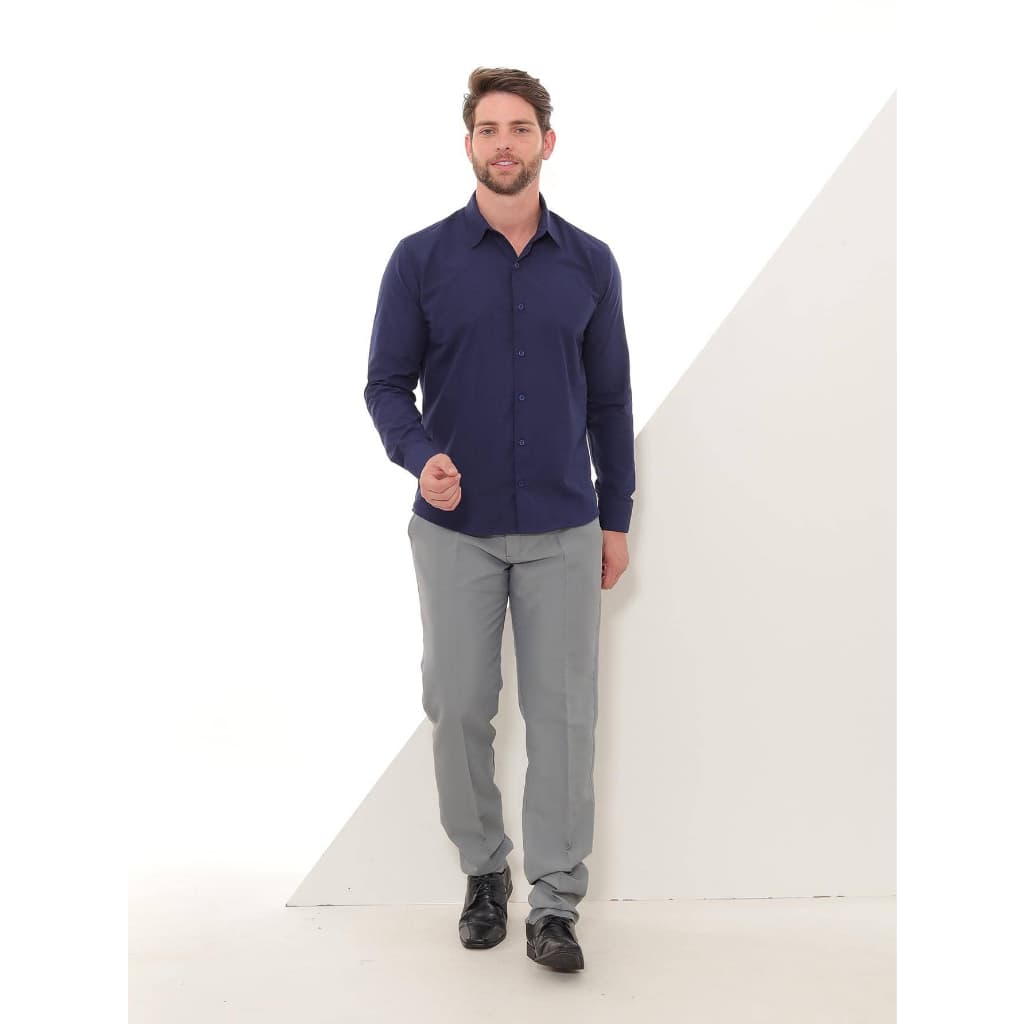 KIT Masculino 2 Peças - Camisa Social Manga Longa Slim Azul Marinho e Calça Social Cinza Claro
