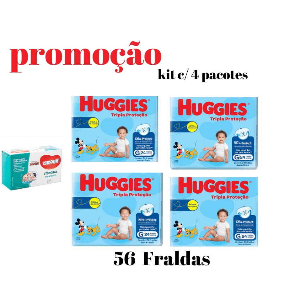 Kit Promocional Fralda Huggies descartável G 56 Unidades Tripla Proteção Atacado pacotão barato