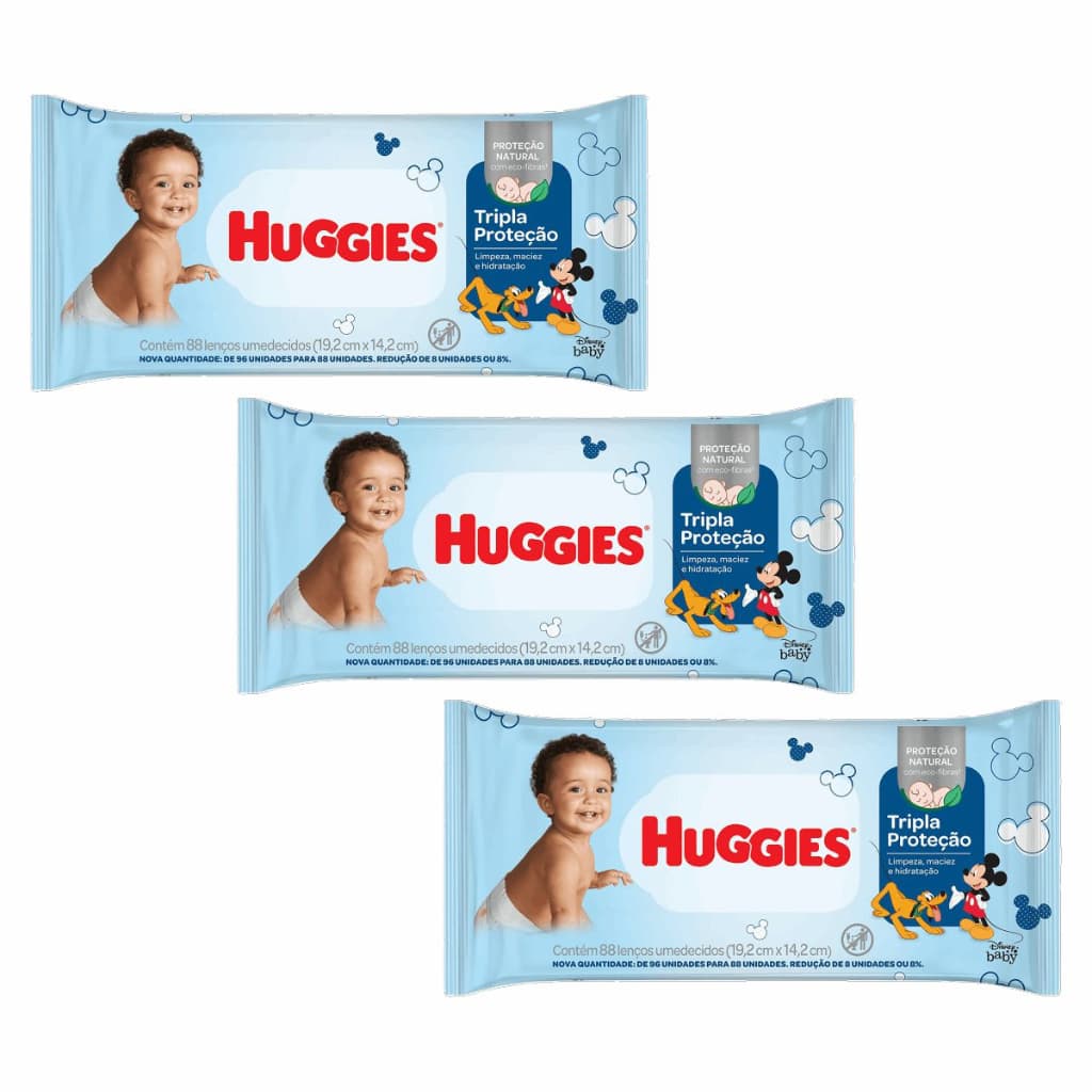 Kit 3 Pacotes Toalhas Lenços Umedecidos Huggies Tripla Proteção 88 Unid PCT
