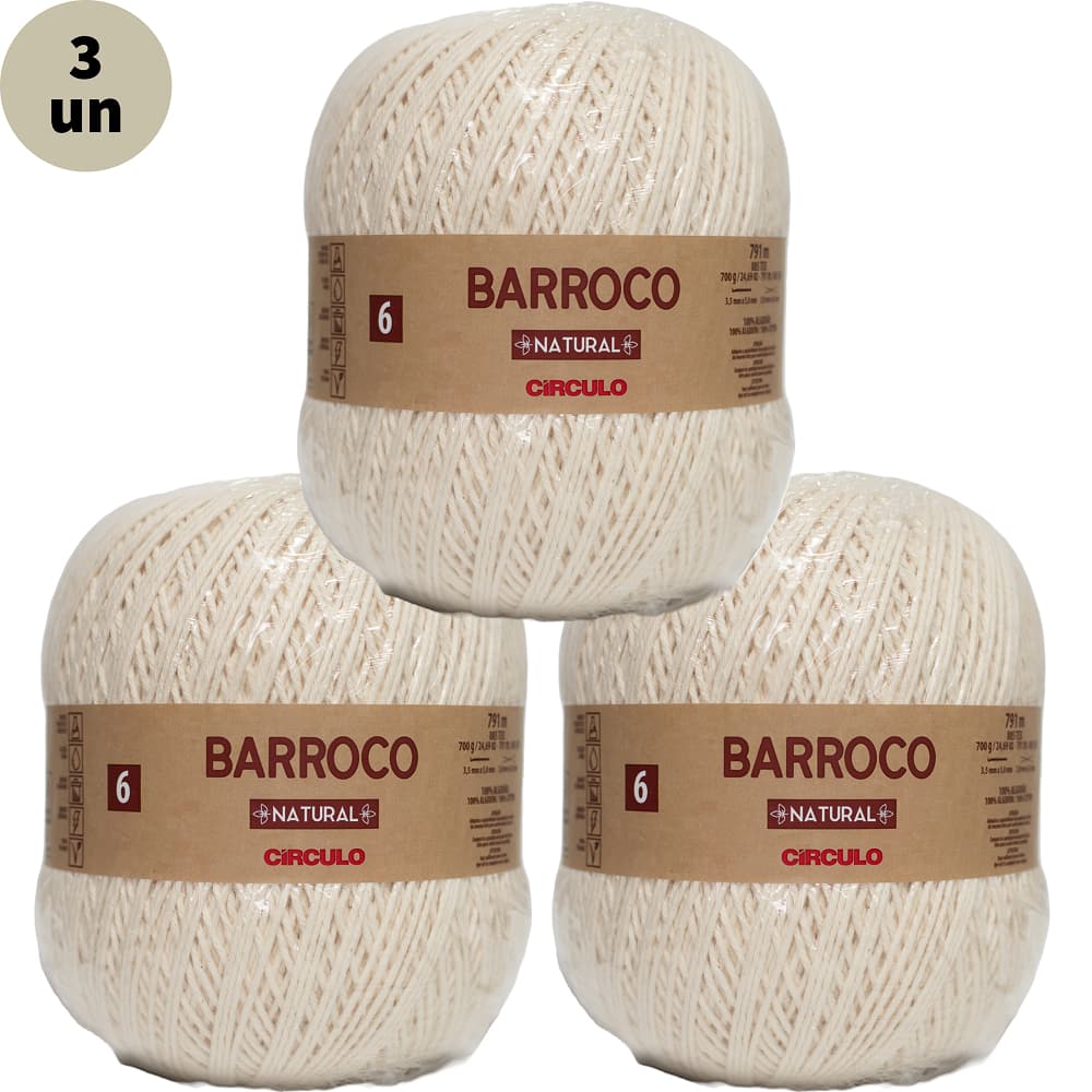 Kit 3 Barbante Cru Barroco Natural Espessura Fio N° 6 com 791 Metros Circulo,Crochê, Tricô, Tear, Amigurumi e Artesanato