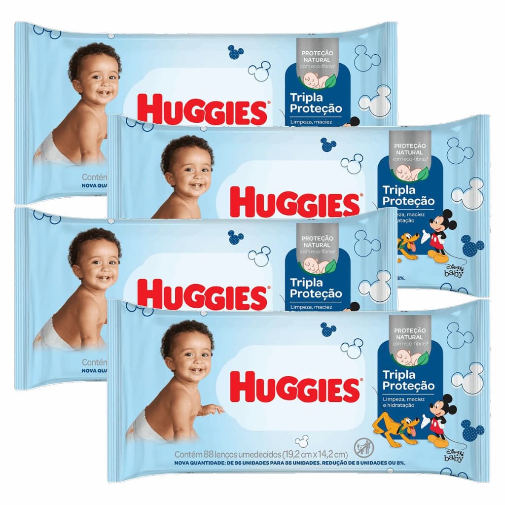 Kit 4 Pacotes Toalhas Lenços Umedecidos Huggies Tripla Proteção 88 Unid PCT