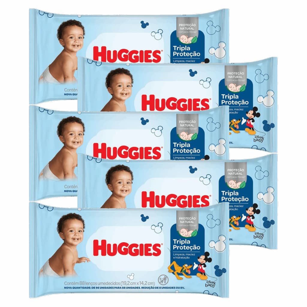 Kit 5 Pacotes Toalhas Lenços Umedecidos Huggies Tripla Proteção 88 Unid PCT