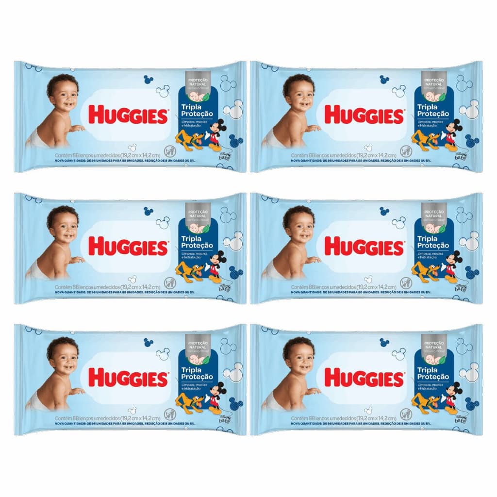 Kit 6 Pacotes Toalhas Lenços Umedecidos Huggies Tripla Proteção 88 Unid PCT