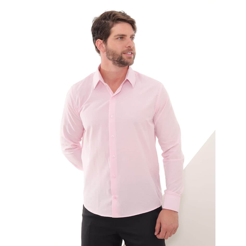 KIT Masculino 2 Peças - Camisa Social Manga Longa Slim Rosa Bebê e Calça Social Preta