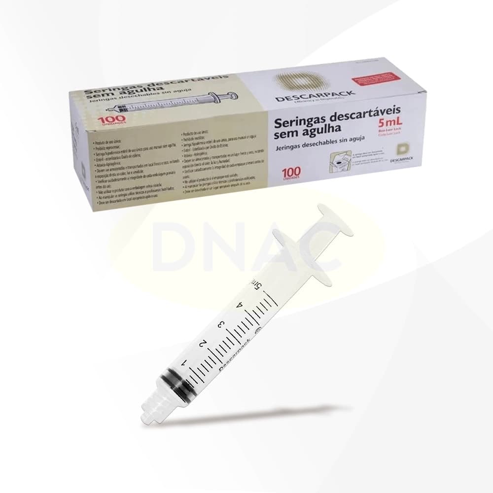 Caixa De Seringas 5ml Sem Agulha Bico Rosca Luer Lock Descartável Com 100 Unidades - Descarpack