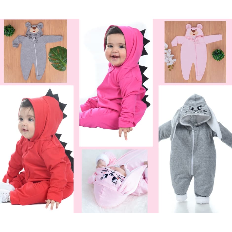 Macacão Bebê de Bichinhos Menino E Menina Com Capuz Bordado Roupas de Bebê
